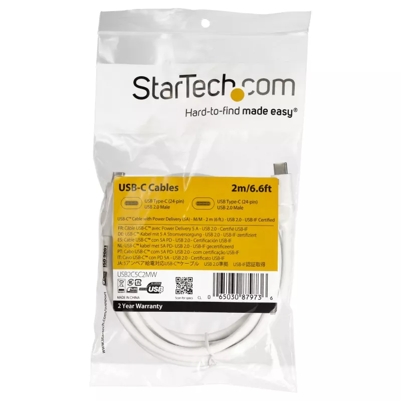 StarTech.com USB-C kuni USB-C kaabel 5A PD-ga – M/M – Valge – 2 m (6 jalga) – USB 2.0 – USB-IF sertifitseeritud
