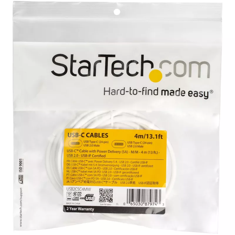 StarTech.com USB-C to USB-C kaabel 5A PD-ga - M/M - Valge - 4 m (13 jalga) - USB 2.0 - USB-IF sertifikaadiga
