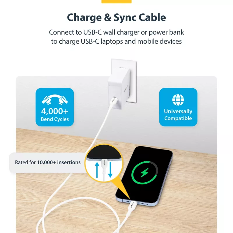 StarTech.com 1m (3,3 jalga) valge USB-C laadimiskaabel, USB-C kaabel, USB 2.0 USB-C sülearvuti laadimisjuhe, 60W 3A toiteedastus, TPE mantel, USB-C andmeedastuskaabel, M/M