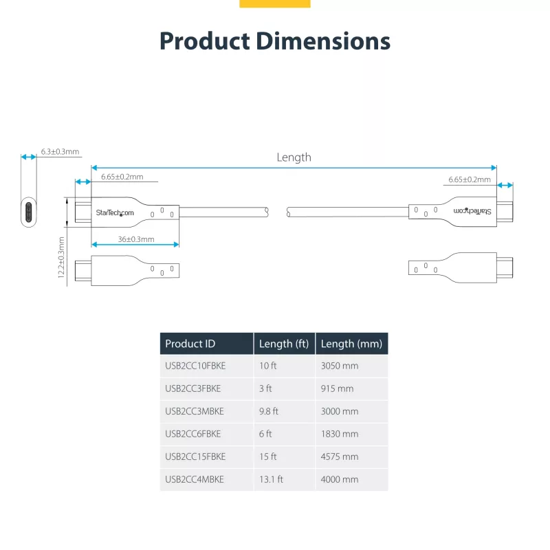 StarTech.com 3m (9.8ft) USB-C laadimiskaabel, USB C kaabel, USB 2.0 USB-C sülearvuti laadimisjuhe, 60W 3A toiteedastus, TPE ümbris, USB-C andmeedastuskaabel, M/M