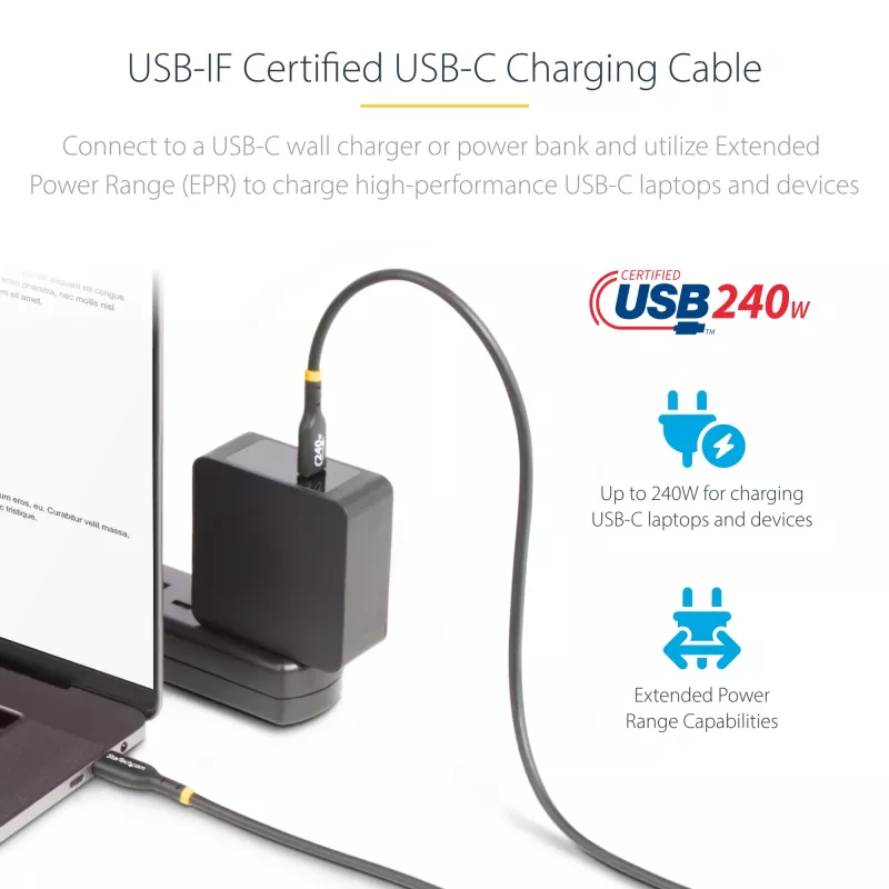 StarTech.com 2 m USB-C laadimiskaabel, USB-IF sertifitseeritud USB-C kaabel, 240 W PD EPR, USB 2.0 USB-C sülearvuti laadimisjuhe, USB-C andmeedastuskaabel, TPE mantel, M/M