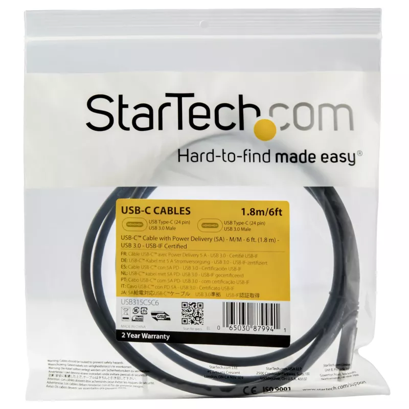 StarTech.com 1,8 m USB-C–USB-C kaabel – 5 A, 100 W PD 3.0 – sertifitseeritud Chromebookiga töötamiseks – USB-IF sertifitseeritud – M/M – USB 3.0 5 Gbit/s – USB-C laadimiskaabel – USB-C tüüpi kaabel