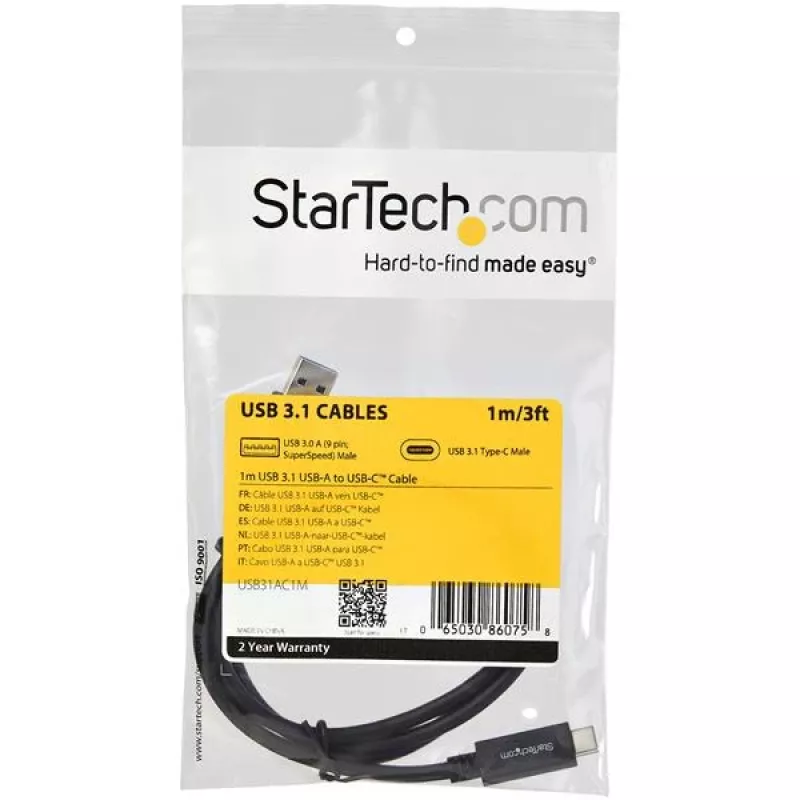 StarTech.com 3 ft. (1 m) USB–USB-C-kaabel – M/M, 1 m, USB A, USB C, USB 3.2 Gen 2 (3.1 Gen 2), 10 Gbit/s, must