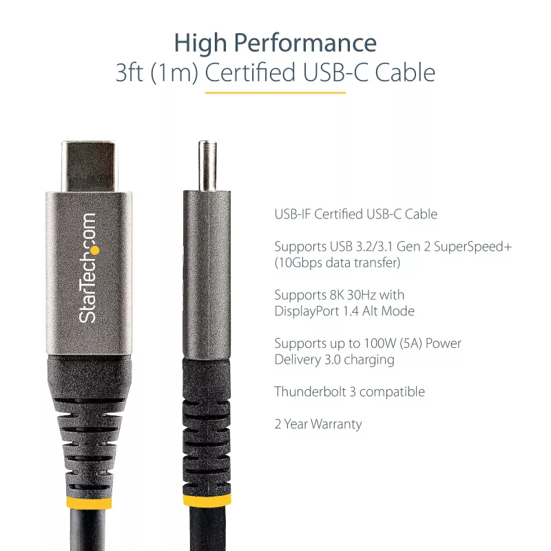 StarTech.com 0,9 m (1 m) USB-C-kaabel 10 Gbps – USB-IF-i sertifitseeritud USB-C-kaabel – USB 3.1 USB-C-kaabel – 100 W (5 A) Power Delivery laadimine, DP Alt Mode – USB-C–USB-C-juhe – laadimine ja sünkroniseerimine