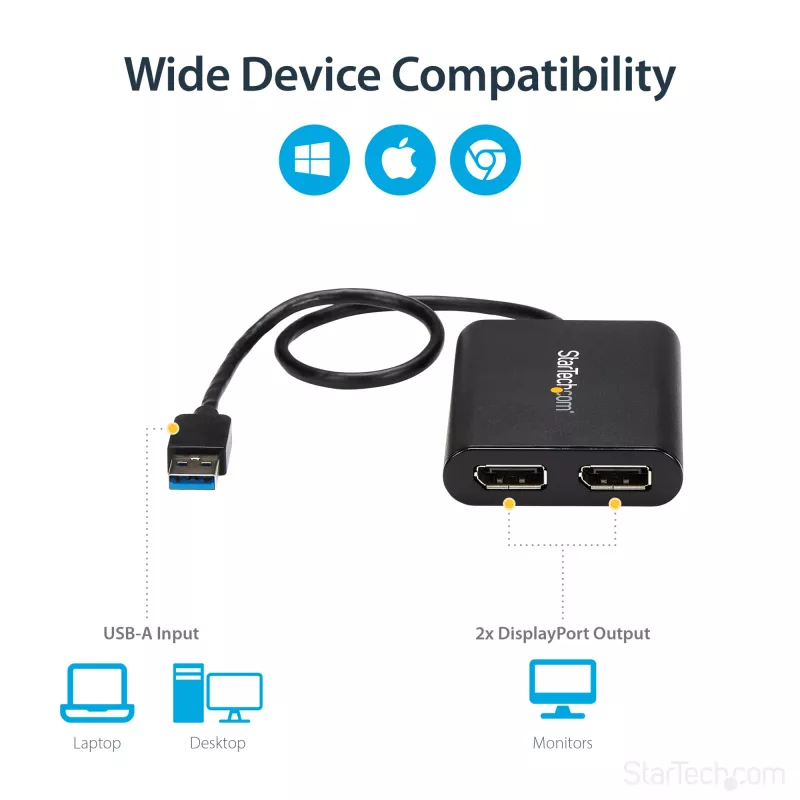 StarTech.com USB 3.0 – kahe DisplayPorti adapter – 4K 60 Hz, 3.2 Gen 1 (3.1 Gen 1), USB Type-A, DisplayPort väljund, 4096 x 2160 pikslit