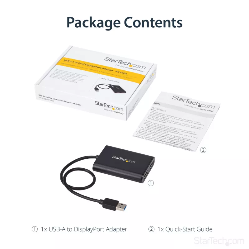 StarTech.com USB 3.0 – kahe DisplayPorti adapter – 4K 60 Hz, 3.2 Gen 1 (3.1 Gen 1), USB Type-A, DisplayPort väljund, 4096 x 2160 pikslit