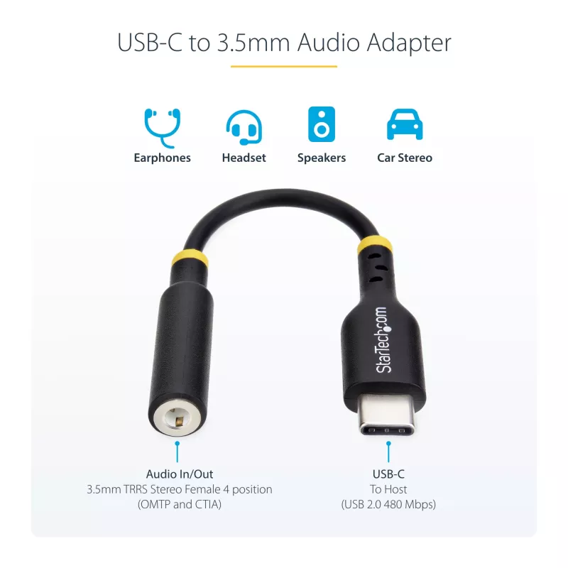 StarTech.com 12,7 cm USB-C–3,5 mm TRRS-peakomplekti/kõrvaklappide pesa heliadapter, USB-C-tüüpi abidongel, 32-bitine DAC, toetab USB-C/Thunderbolti, sülearvuti/telefon/tahvelarvuti