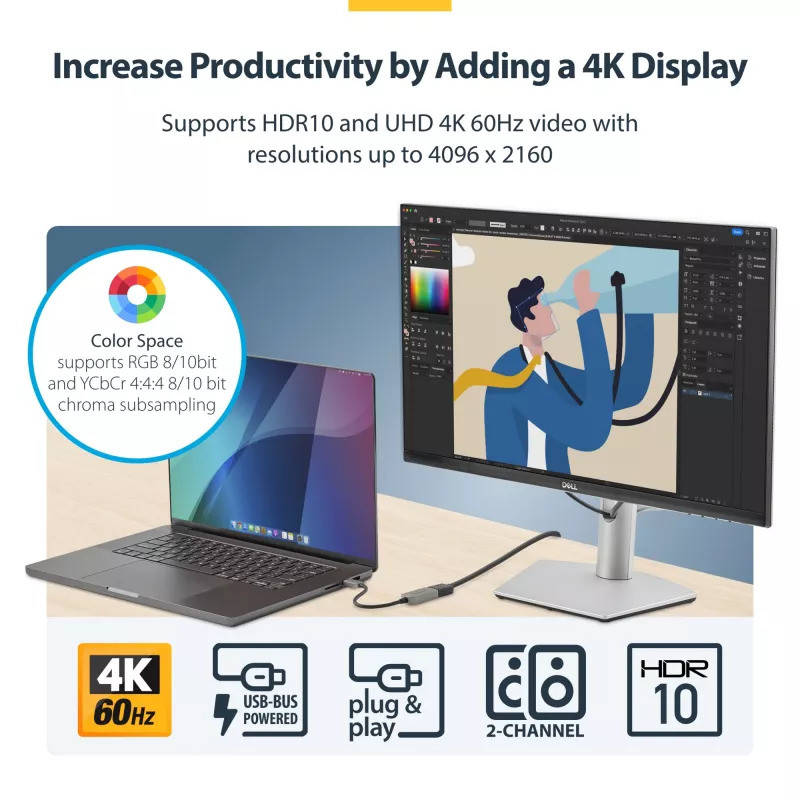StarTech.com USB-C HDMI-adapter, 4K 60Hz video, HDR10, USB-C HDMI monitori dongle, USB4 / Thunderbolt ühilduv