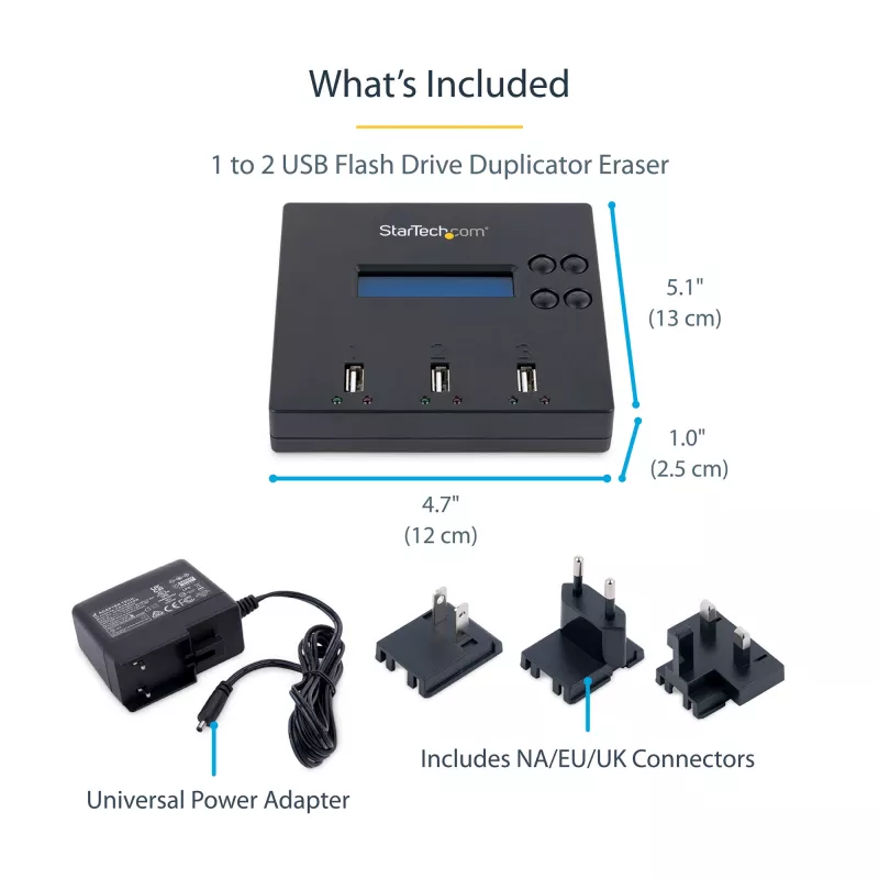StarTech.com Eraldiseisev 1 kuni 2 USB-mälupulga duplikaator ja kustutaja, mitme USB-mälupulga kopeerija, süsteemi- ja faili- ning kogu ketta kopeerimine kiirusel 1,5 GB/min, ühe- ja 3-käiguline kustutamine, LCD Ekraan - TAA