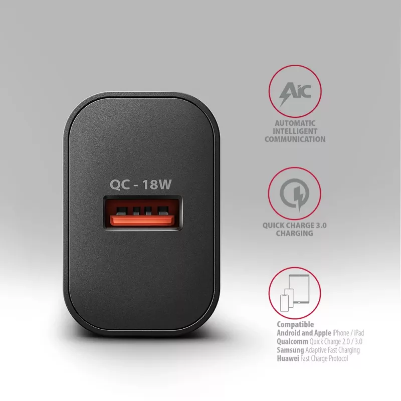Axagon ACU-QC18 QC 3.0 1× OUTPUT seinalaadur 18W, sisetingimustesse, vahelduvvool, must