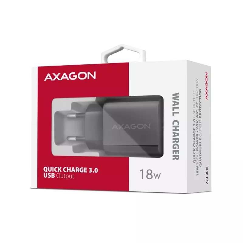 Axagon ACU-QC18 QC 3.0 1× OUTPUT seinalaadur 18W, sisetingimustesse, vahelduvvool, must