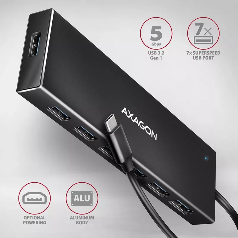 Axagon HUE-F7C 7x USB 3.2 Gen 1 ALU lame jaotur mikrotoitega 30cm USB-C USB 3.2 Gen 1 (3.1 Gen 1) Type-A 5000 Mbit/s Must