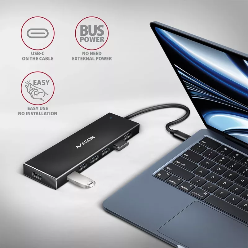 Axagon HUE-F7C 7x USB 3.2 Gen 1 ALU lame jaotur mikrotoitega 30cm USB-C USB 3.2 Gen 1 (3.1 Gen 1) Type-A 5000 Mbit/s Must