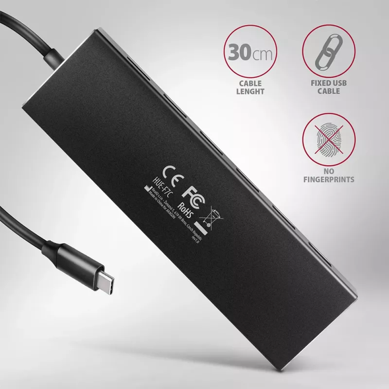 Axagon HUE-F7C 7x USB 3.2 Gen 1 ALU lame jaotur mikrotoitega 30cm USB-C USB 3.2 Gen 1 (3.1 Gen 1) Type-A 5000 Mbit/s Must