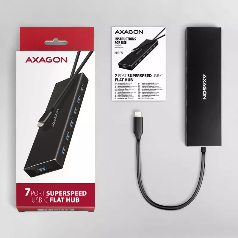 Axagon HUE-F7C 7x USB 3.2 Gen 1 ALU lame jaotur mikrotoitega 30cm USB-C USB 3.2 Gen 1 (3.1 Gen 1) Type-A 5000 Mbit/s Must
