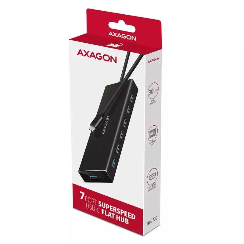Axagon HUE-F7C 7x USB 3.2 Gen 1 ALU lame jaotur mikrotoitega 30cm USB-C USB 3.2 Gen 1 (3.1 Gen 1) Type-A 5000 Mbit/s Must