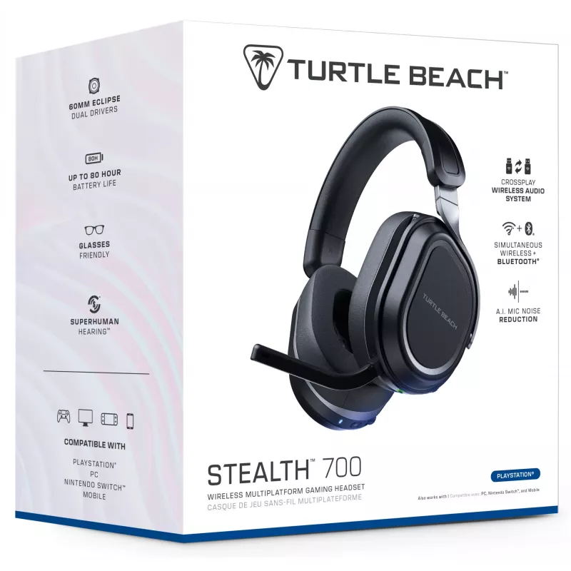 Turtle Beach Stealth 700 must PlayStation juhtmevaba mänguripeakomplekt, aku kestvusega kuni 80 tundi, Bluetooth, kaks saatjat ja 60 mm kõlarid PS5, PS4, arvuti ja mobiilseadmete jaoks