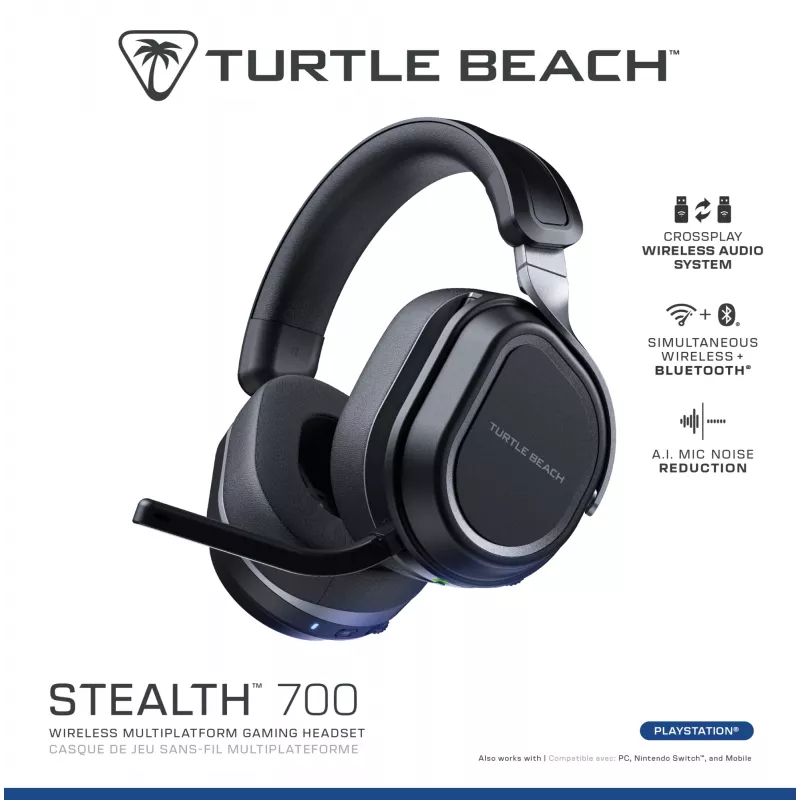 Turtle Beach Stealth 700 must PlayStation juhtmevaba mänguripeakomplekt, aku kestvusega kuni 80 tundi, Bluetooth, kaks saatjat ja 60 mm kõlarid PS5, PS4, arvuti ja mobiilseadmete jaoks