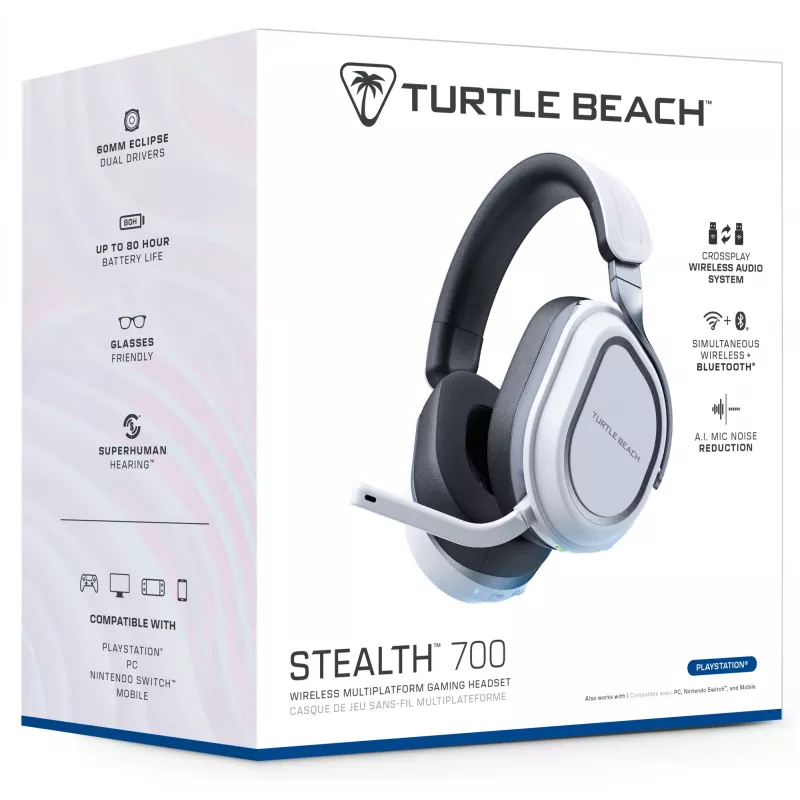 Turtle Beach Stealth 700 Valge PlayStation Juhtmevaba Mängupeakomplekt kuni 80-tunnise aku, Bluetoothi, kahe saatja ja 60 mm kõlaritega PS5, PS4, arvuti ja mobiilseadmete jaoks