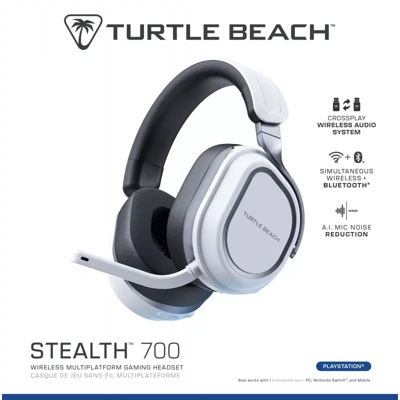 Turtle Beach Stealth 700 Valge PlayStation Juhtmevaba Mängupeakomplekt kuni 80-tunnise aku, Bluetoothi, kahe saatja ja 60 mm kõlaritega PS5, PS4, arvuti ja mobiilseadmete jaoks