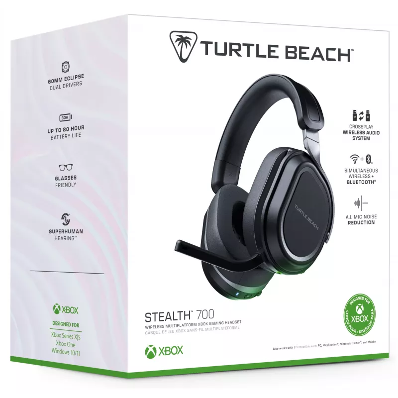 Turtle Beach Stealth 700 must Xboxi juhtmevaba mängupeakomplekt koos 80-tunnise aku, Bluetoothi, kahe saatja ja 60 mm kõlaritega Xbox Series X|S, Xbox One, PC ja mobiilseadmete jaoks
