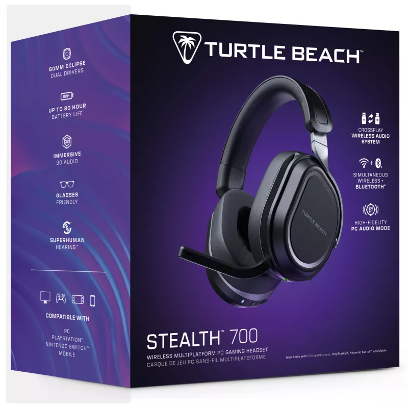Turtle Beach Stealth 700 must juhtmevaba mänguri peakomplekt, kuni 80-tunnise aku, Bluetoothi, kahe saatja ja 60 mm kõlaritega arvutile, PS5-le, PS4-le ja mobiilseadmetele