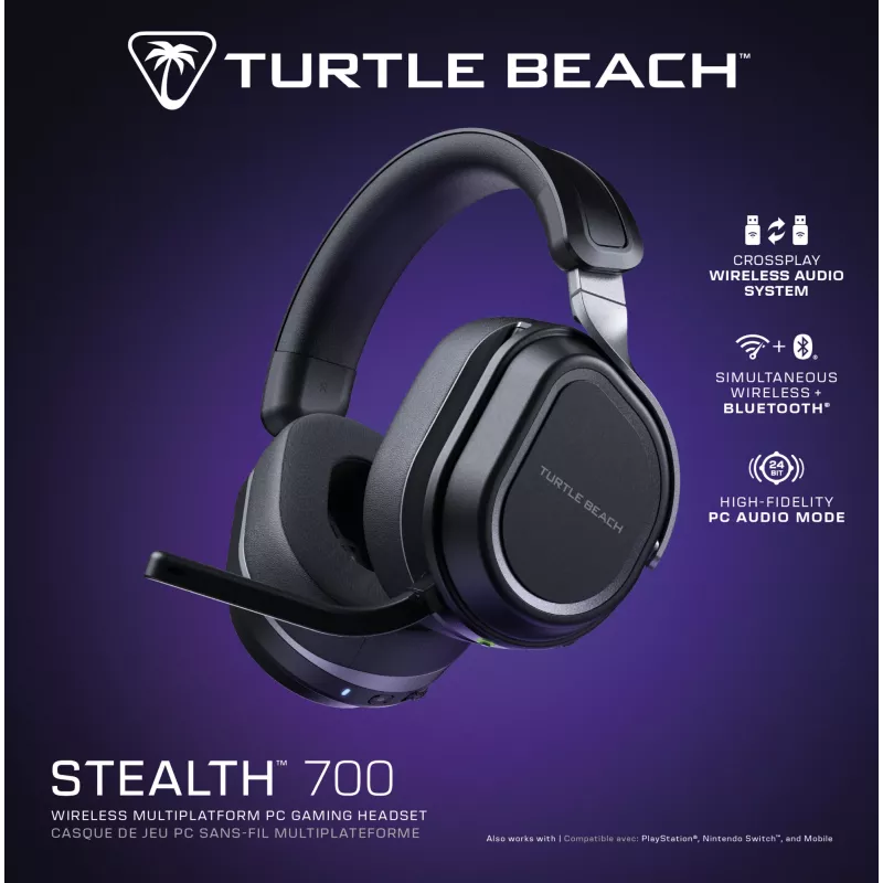 Turtle Beach Stealth 700 must juhtmevaba mänguri peakomplekt, kuni 80-tunnise aku, Bluetoothi, kahe saatja ja 60 mm kõlaritega arvutile, PS5-le, PS4-le ja mobiilseadmetele
