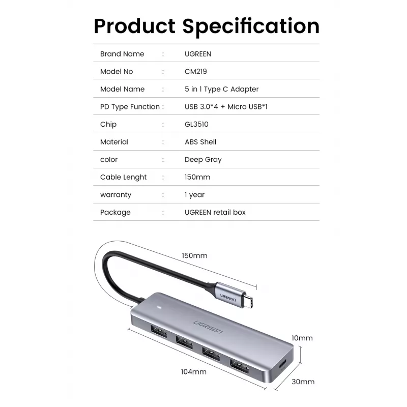 Ugreen 70336 liidese jaotur USB 3.2 Gen 1 (3.1 Gen 1) USB-C 5000 Mbit/s