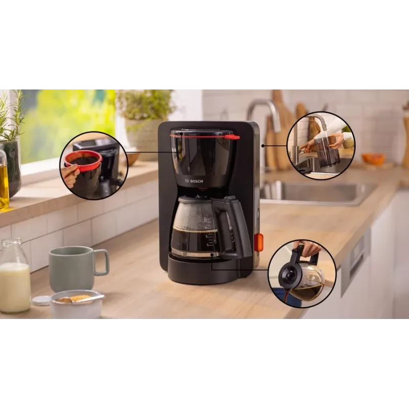 Drip coffee maker Bosch TKA3M133, 1.4 L water tank, 15-cup capacity, Must