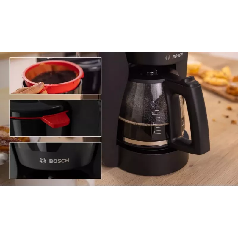 Drip coffee maker Bosch TKA3M133, 1.4 L water tank, 15-cup capacity, Must