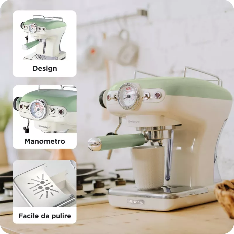 Ariete 1389 Vintage Espressokohvimasin - espressokohvimasin jahvatatud kohvile või ESE-kapslitele, pastelses rohelises