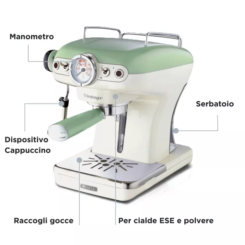 Ariete 1389 Vintage Espressokohvimasin - espressokohvimasin jahvatatud kohvile või ESE-kapslitele, pastelses rohelises