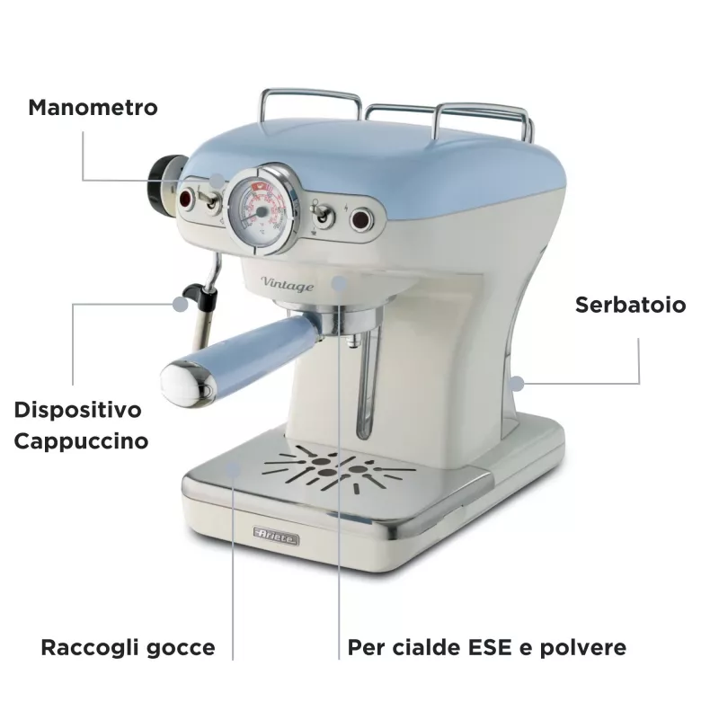 Ariete 1389 Vintage Espressomasin - Espressomasin jahvatatud kohvi või ESE-padade jaoks, pastellsinises värvitoonis