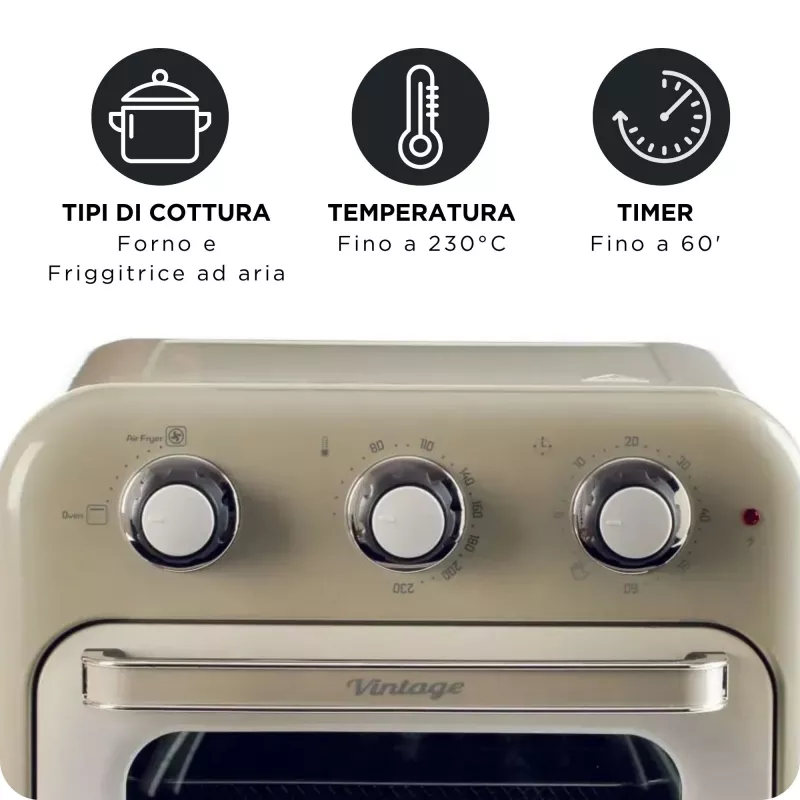 Ariete 4632 õhufritüür ja ahi Vintage, 1400W, 2in1, mahutavus 16L, tarvikud kaasas, taimer 60 minutit, topeltklaas, beež