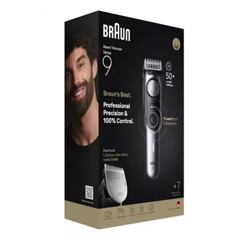 Braun BeardTrimmer 9 BT9520 habemetrimmer Aku 52 2 cm Märg ja kuiv Must, Hall