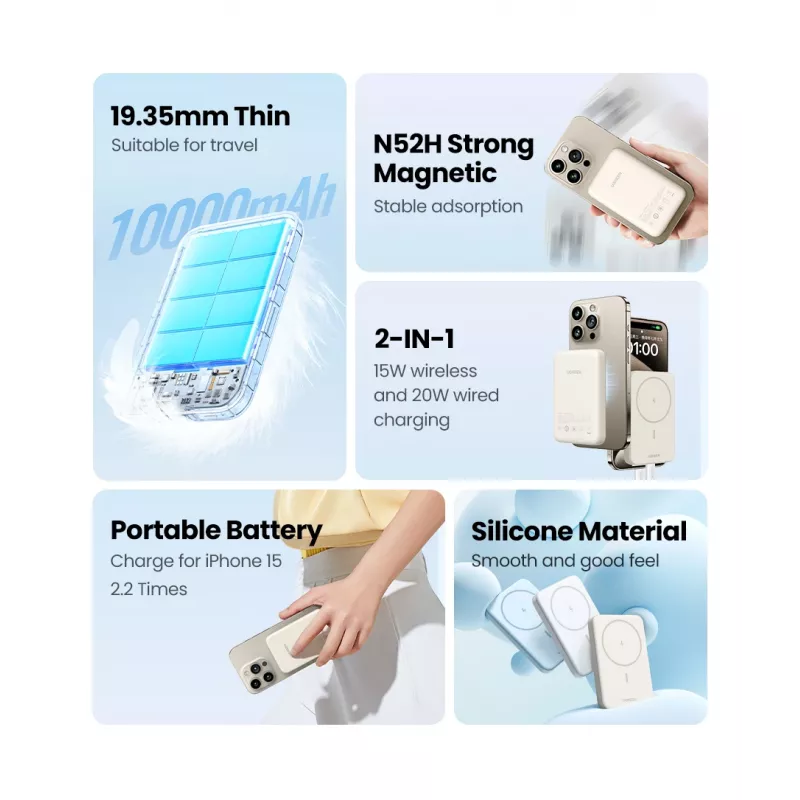 Ugreen 25208 akupank 10000 mAh juhtmevaba laadimine Beež