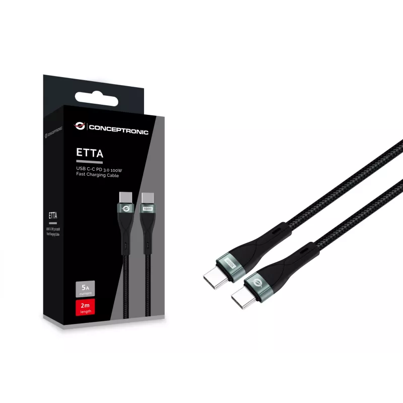 Conceptronic ETTA01B20 USB C-C PD 3.0 100W kiirlaadimiskaabel 2M, 20V 5A, 480Mbps, E-Mark