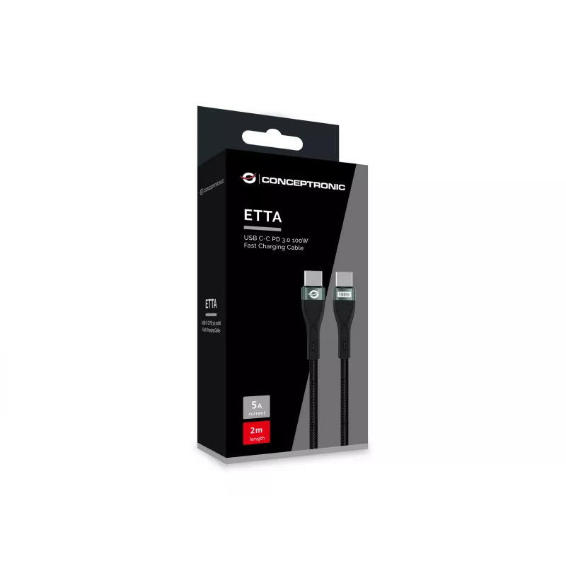 Conceptronic ETTA01B20 USB C-C PD 3.0 100W kiirlaadimiskaabel 2M, 20V 5A, 480Mbps, E-Mark