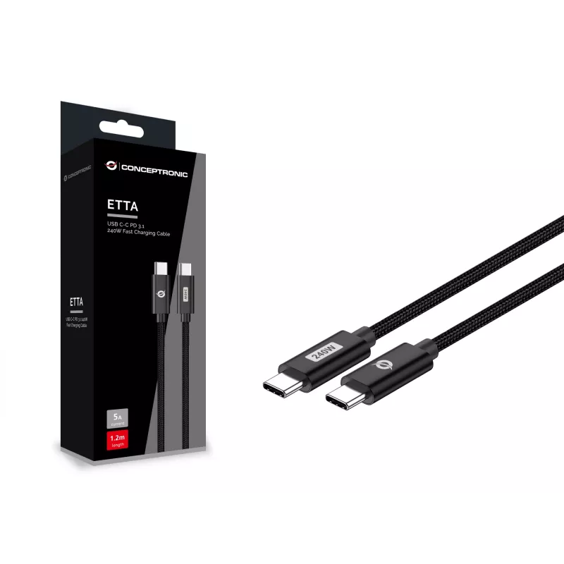 Conceptronic ETTA03B20 USB C-C PD 3.1 240W kiirlaadimiskaabel 2 m, 48 V 5 A, 480 Mbit/s, E-Mark