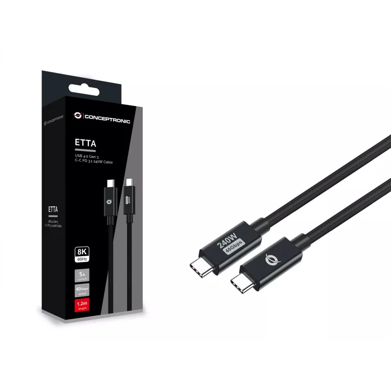Conceptronic ETTA04B12 USB 4.0 Gen 3 C-C PD 3.1 240W kaabel 1,2 m, 48 V 5 A, 40 Gbps, E-Mark