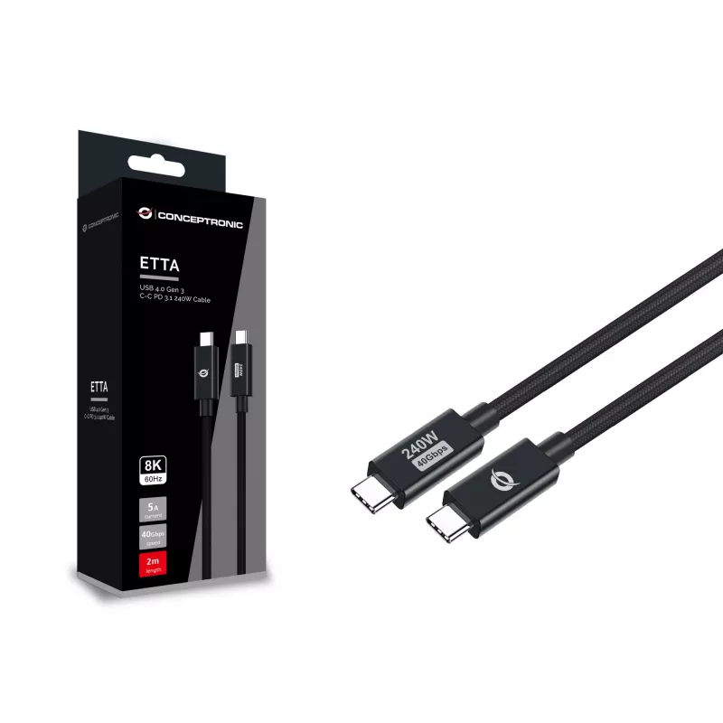 Conceptronic ETTA04B20 USB 4.0 Gen 3 C-C PD 3.1 240W kaabel 2m, 48V 5A, 40Gbps, E-Mark