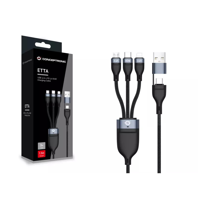 Conceptronic ETTA05B15 USB 3-in-1 PD 3.0 60 W laadimiskaabel 1,5 m, 20 V 3 A, 480 Mbit/s