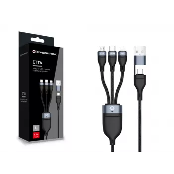 Conceptronic ETTA06B15 USB 3-in-1 PD 3.0 100W kiirlaadimiskaabel 1,5 m, 20V 5A, 480Mbps, E-Mark