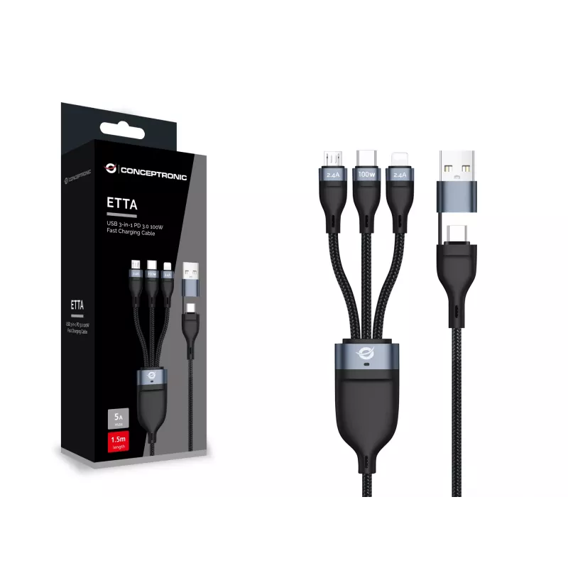 Conceptronic ETTA06B15 USB 3-in-1 PD 3.0 100W kiirlaadimiskaabel 1,5 m, 20V 5A, 480Mbps, E-Mark