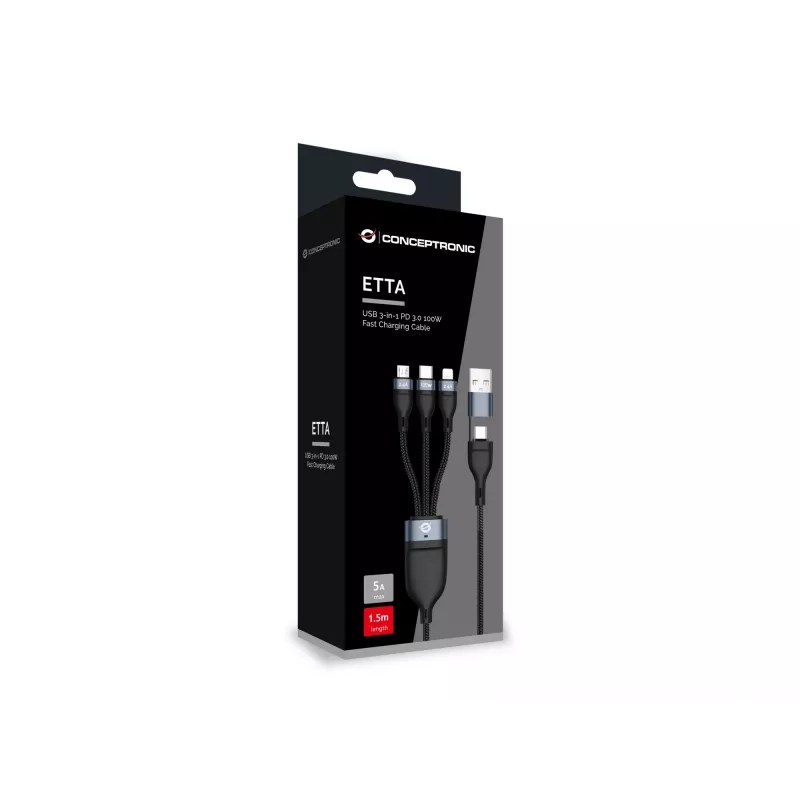 Conceptronic ETTA06B15 USB 3-in-1 PD 3.0 100W kiirlaadimiskaabel 1,5 m, 20V 5A, 480Mbps, E-Mark