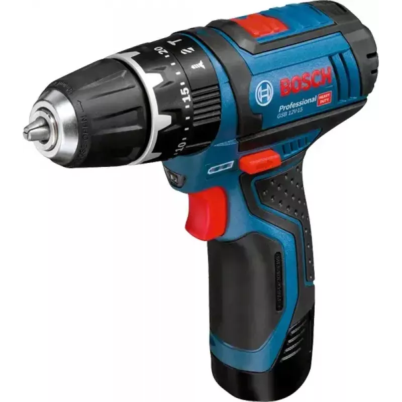 Püstolkäepidemega trell Bosch GSB 12V-15, 1300 p/min, 2 Ah aku