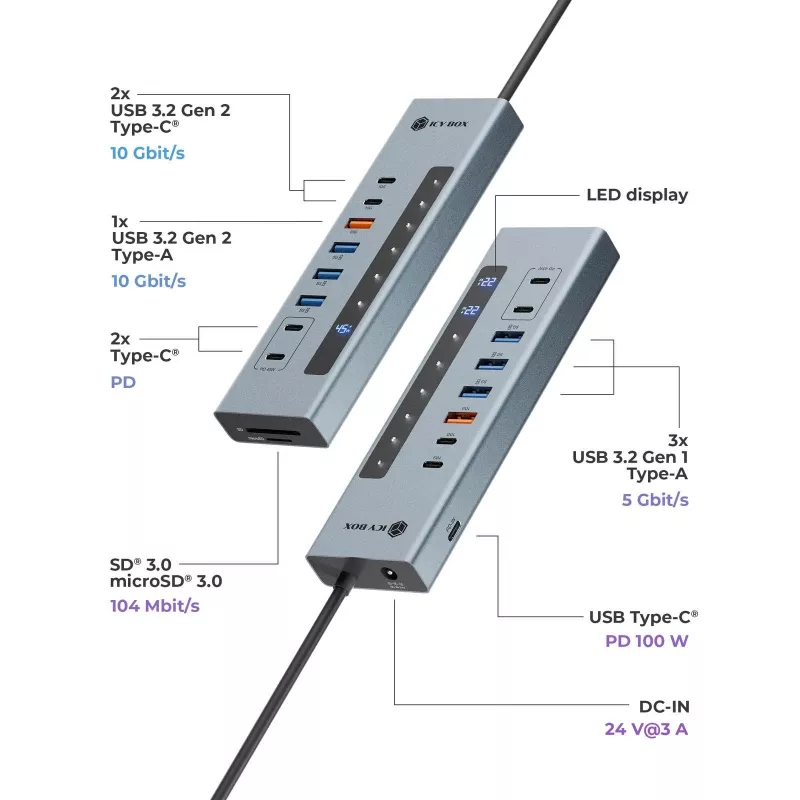 ICY BOX 11-in-1 USB USB-C hub koos kaardilugeja ja PD-ga