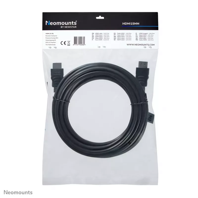 Neomounts HDMI15MM HDMI-kaabel - 5 meetrit, 5 m, HDMI tüüp A (standardne), HDMI tüüp A (standardne), 10,2 Gbit/s, must