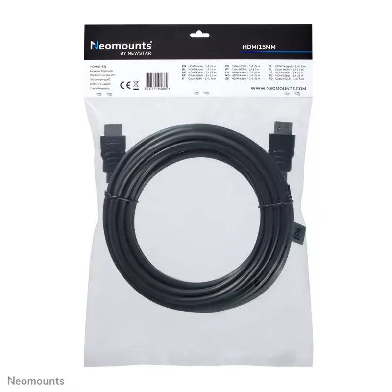 Neomounts HDMI15MM HDMI-kaabel - 5 meetrit, 5 m, HDMI tüüp A (standardne), HDMI tüüp A (standardne), 10,2 Gbit/s, must