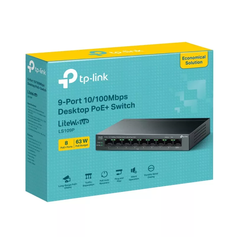TP-Link LiteWave LS109P võrgulüliti haldamata Fast Ethernet (10/100) Power over Ethernet (PoE) Must
